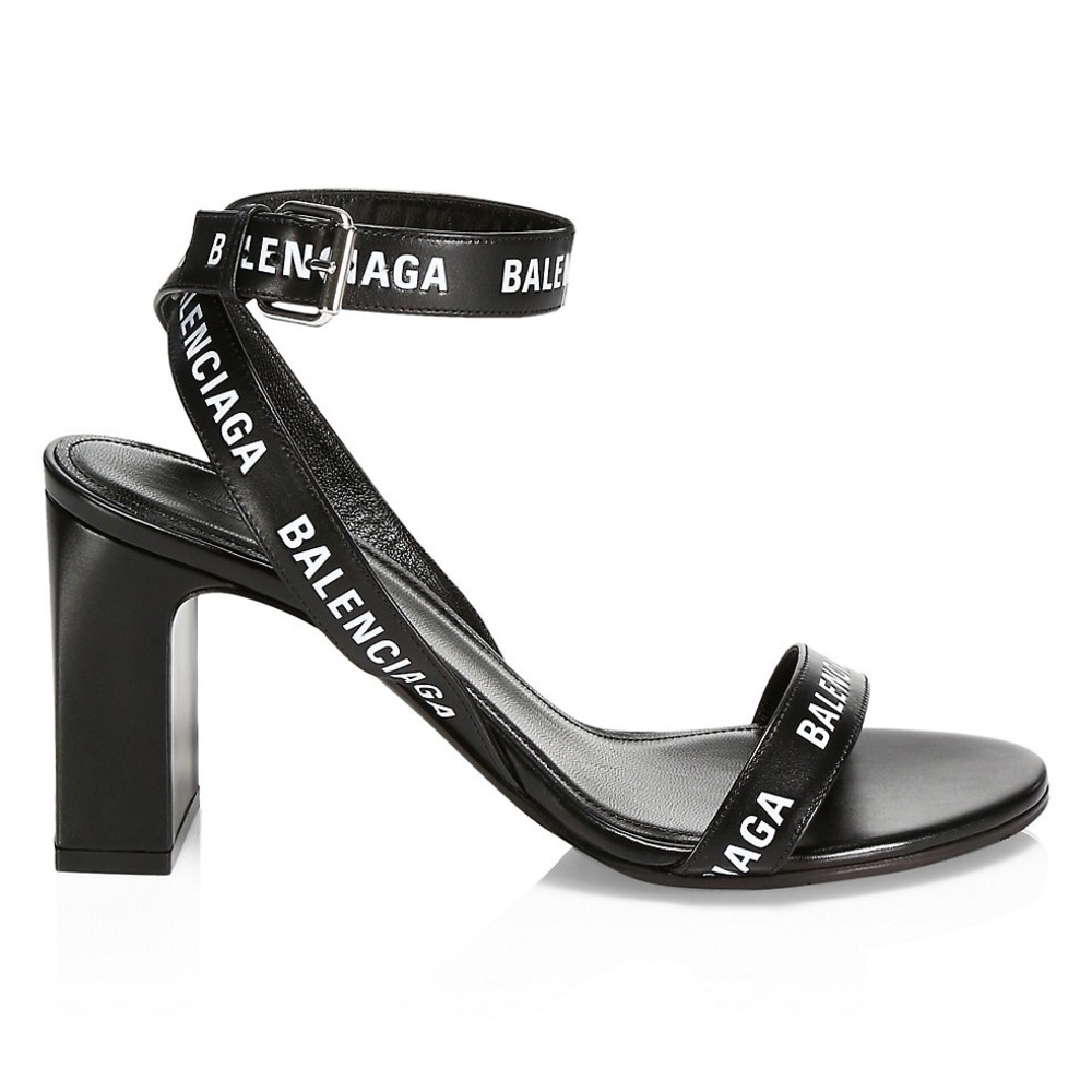 BALENCIAGA LOGO PRINT LEATHER BLOCK HEEL SANDAL